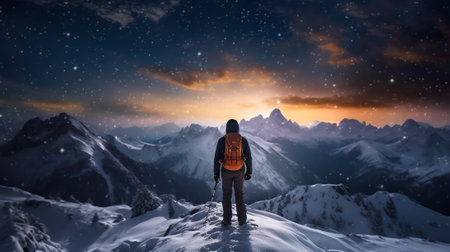 Generative AI : Picturesque view of distant person standing on urbasa range covered with snow under majestic starry sky during winter trip through spainの素材