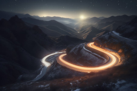 Generative AI : Milky Way over snowy mountains and blurred car headlights on the winding road at night in winter Beautiful landscape with starry sky snow covered rocks house roadwaの素材