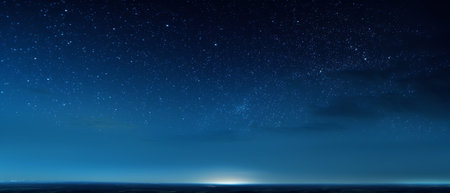 Generative AI : Panorama blue night sky milky way and star on dark backgroundUniverse filled with stars nebula and galaxy with noise and grainPhoto by long exposure and select whitの素材