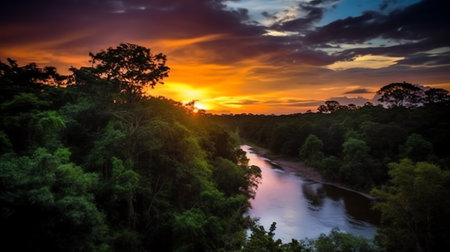 Generative AI : Sunset at the Irabia dam enjoying the Irati beech forest jungleの素材