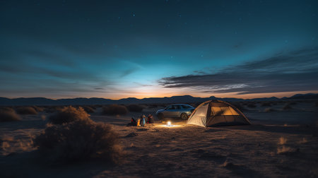 Generative AI : Panoramic night sky over Campo Imperatore highlands Abruzzo Italy The Milky Way galaxy arc and stars over illuminated camper van Camping freedom in unique hills lanの素材