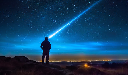 Generative AI : Low angle of silhouette of anonymous tourist standing with light torch on head on cliff against glowing starry sky at nightの素材