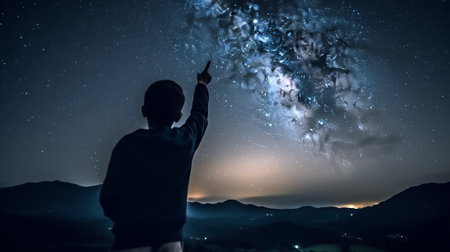 Generative AI : Starcatcher A person is standing next to the Milky Way galaxy pointing on a bright starの素材