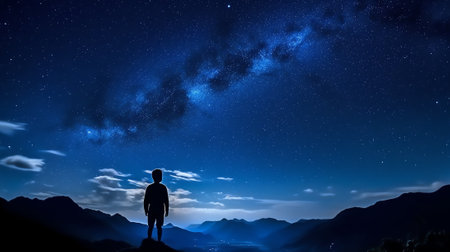Generative AI : Silhouette of young traveler and backpacker watched the star and milky way alone on top of the mountain He enjoyed traveling and was successful when he reached theの素材