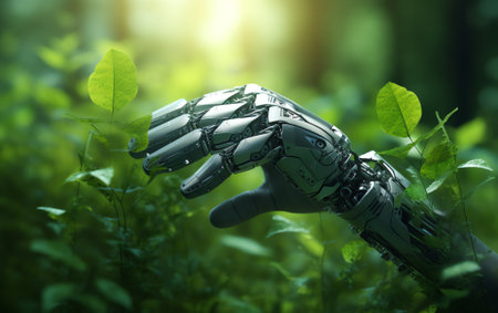 Generative AI : Robot hand holding Tree on Earth with technological convergence blue backgroundGreen computing csr IT ethics Nature technology interaction and Environmental friendlの素材