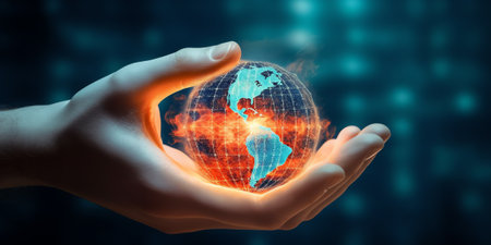 Generative AI : Hand of young man hold world globe with burn hot by drought environment and beautiful green abundance nature metaphor Climate change Elements of this image furnisheの素材