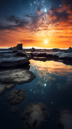 Generative AI : Picturesque landscape of krossanesfjall mountain ridge under colorful bright sky with milky way reflecting in pond at night in icelandの素材