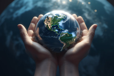 Generative AI : Hand of young man hold world globe with burn hot by drought environment and beautiful green abundance nature metaphor Climate change Elements of this image furnisheの素材