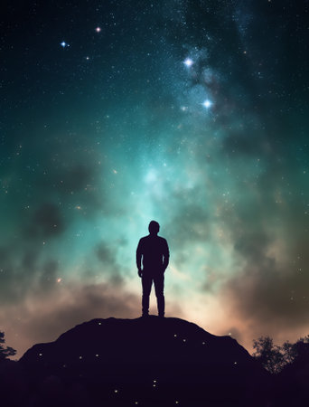 Generative AI : Man silhouette on a night sky background with bright stars trails Man watching the stars Science education and religion team concept background Elements of this imaの素材