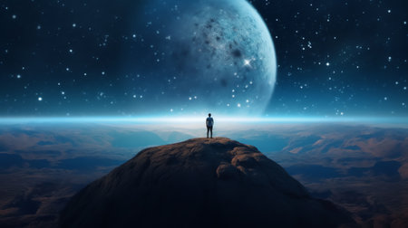 Generative AI : Man on top of a mountain observing the universeの素材