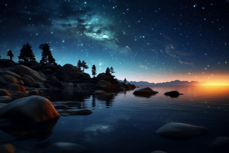 Generative AI : Milky Way over the beautiful mountain canyon and blue sea at night in summer Colorful landscape with bright starry sky with Milky Way rocks trees moonlight fog wateの素材