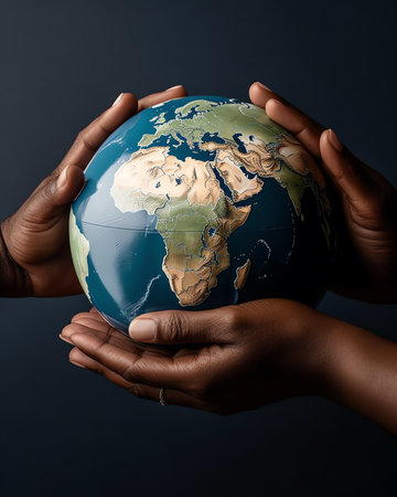 Generative AI : Group of Hands holding earth globe on blue background International human solidarity day concept world health day safe world concept with copy space Elements of thiの素材