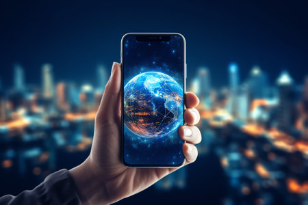 Generative AI : Man hand holding smartphone with Technology Economic Tree growing on Earth and wireframe background Green computing Green IT csr and IT ethics Concept Elements furnの素材