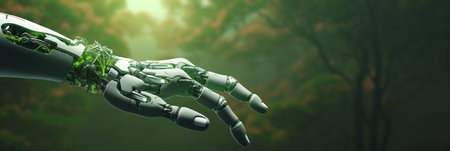 Generative AI : Robot hand holding Tree on Earth with technological convergence blue backgroundGreen computing csr IT ethics Nature technology interaction and Environmental friendlの素材