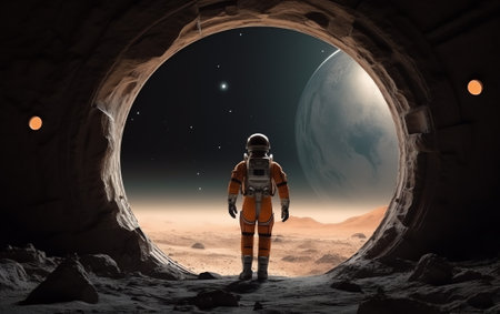 Generative AI : On the Moon Astronaut standing in front of an mysterious open door to another world Image with 3d rendering element and vintage film camera effects Elements of thisの素材