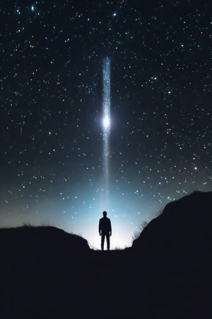Generative AI : Low angle of silhouette of anonymous tourist standing with light torch on head on cliff against glowing starry sky at nightの素材