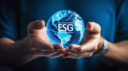 Generative AI : Sustainable global business investment in environment social governance ESG and CSR concept in clean industry with volunteer hands holding world green tree Elementの素材
