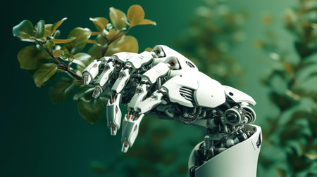 Generative AI : Robot hand holding Tree on Earth with technological convergence blue backgroundGreen computing csr IT ethics Nature technology interaction and Environmental friendlの素材
