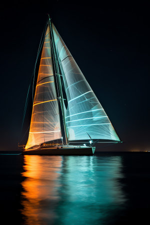 Generative AI : Sailing luxury yacht along the route over dark sea Northern lights aurora borealis Elements of this image furnished by NASAの素材