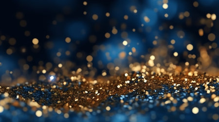Generative AI : Shiny Dust Particles Galaxy in Blue Fluid Gold glittering particles floating in a blue liquid Abstract magic sparkling backgroundの素材