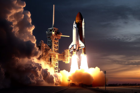 Generative AI : Spaceship at the launch site in the spaceport Silhouette of space shuttle at dusk Amazing landscape of rocket on the eve of launch Some elements of this image are fの素材