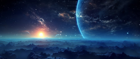 Generative AI : Panoramic view universe space of Milky Way galaxy with stars on a night sky background and super full moon Elements of this image furnished by NASAの素材