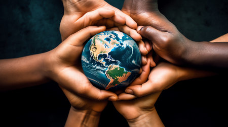 Generative AI : Group of Hands holding earth globe on blue background International human solidarity day concept world health day safe world concept with copy space Elements of thiの素材