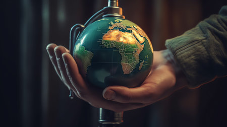 Generative AI : Hand of young man hold world globe with burn hot by drought environment and beautiful green abundance nature metaphor Climate change Elements of this image furnisheの素材