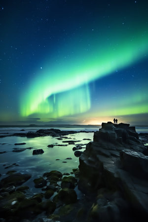 Generative AI : Low angle of arched rocky formation near green plants under starry night sky in icelandの素材