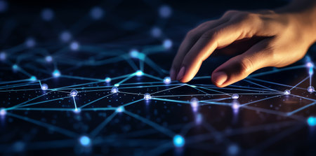 Generative AI : Hand of touching global network connection and data exchanges on the planet earth background Elements of this image furnished by NASAの素材