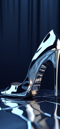 Generative AI : High heels galaxy reflection with silver curtains in a black backgroundの素材