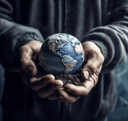 Generative AI : Hand of young man hold world globe with burn hot by drought environment and beautiful green abundance nature metaphor Climate change Elements of this image furnisheの素材