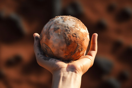 Generative AI : Hand of young man hold world globe with burn hot by drought environment and beautiful green abundance nature metaphor Climate change Elements of this image furnisheの素材