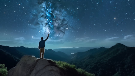 Generative AI : Low angle of silhouette of anonymous tourist standing with light torch on head on cliff against glowing starry sky at nightの素材