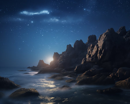 Generative AI : Milky Way over the beautiful mountain canyon and blue sea at night in summer Colorful landscape with bright starry sky with Milky Way rocks trees moonlight fog wateの素材