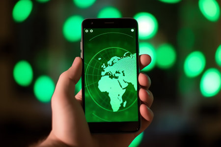 Generative AI : Man hand holding smartphone with Technology Economic Tree growing on Earth and wireframe background Green computing Green IT csr and IT ethics Concept Elements furnの素材