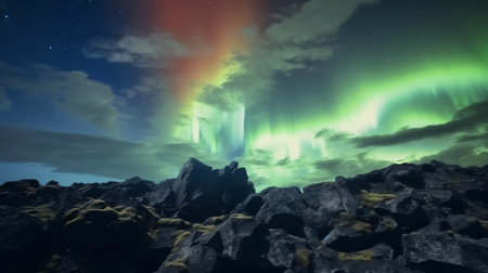 Generative AI : Low angle of arched rocky formation near green plants under starry night sky in icelandの素材