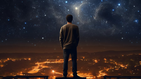 Generative AI : Man silhouette on a night sky background with bright stars trails Man watching the stars Science education and religion team concept background Elements of this imaの素材