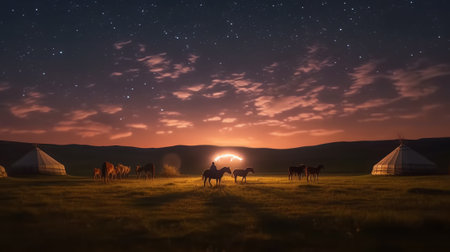 Generative AI : Kazakh yurt under milky way BayanUlgii province Mongoliaの素材