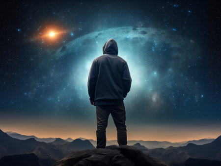 Generative AI : Man silhouette on a night sky background with bright stars trails Man watching the stars Science education and religion team concept background Elements of this imaの素材