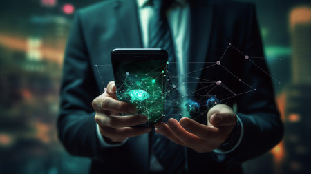 Generative AI : Man hand holding smartphone with Technology Economic Tree growing on Earth and wireframe background Green computing Green IT csr and IT ethics Concept Elements furnの素材