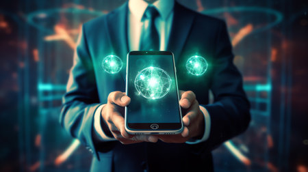 Generative AI : Man hand holding smartphone with Technology Economic Tree growing on Earth and wireframe background Green computing Green IT csr and IT ethics Concept Elements furnの素材