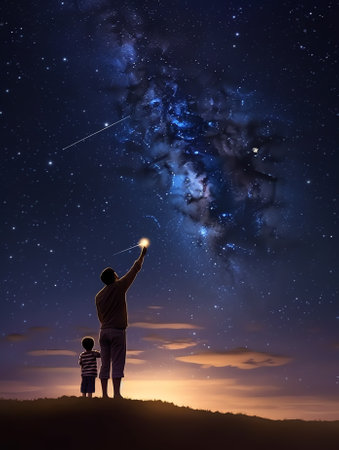Generative AI : Milky Way with silhouette of a family Father and a son who pointing finger in night starry sky on the mountain Night landscape Beautiful Universe Space Travel backgの素材