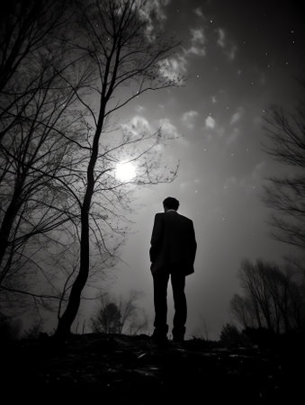 Generative AI : Man observes the moon on the trunk of a large treeの素材