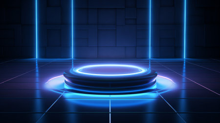 Generative AI : Modern futuristic neon abstract background Large object in the center space background Dark scene with neon light Reflection of light on a wet surfaceの素材