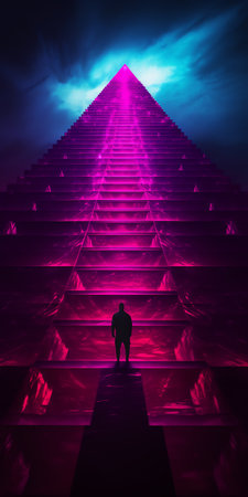 Generative AI : Modern futuristic neon abstract background Large triangle glowing purple object in the center of sand dune and lonely woman silhouette walking in the desert Dark scの素材
