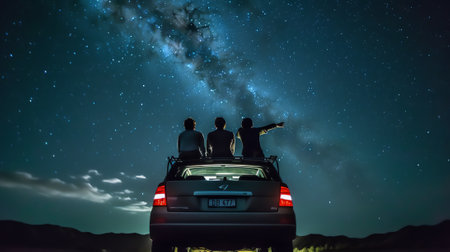Generative AI : Panoramic night sky over Campo Imperatore highlands Abruzzo Italy The Milky Way galaxy arc and stars over illuminated camper van Camping freedom in unique hills lanの素材