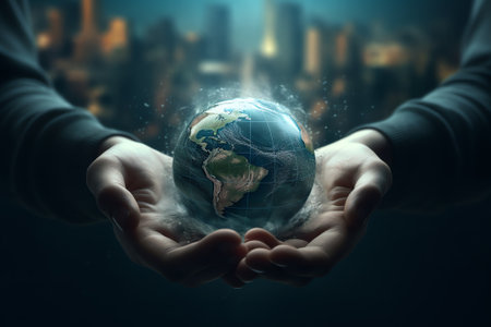 Generative AI : Planet Earth in the hands of a man against the background of the lights of the evening city Concept and symbol on the theme of ecology earth conservation Elements oの素材