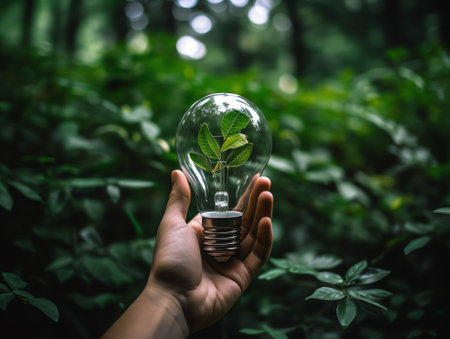 Generative AI : Saving energy concept Earth day Hand holding earth in light bulb against nature on green leaf with butterfly on green park Save the earth and Ecological Element ofの素材