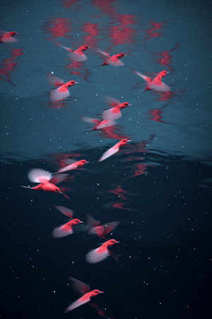 Generative AI : Silhouettes of flying flock birds in shape of heart over blue sea with full moon Elements of this image furnished by NASAの素材